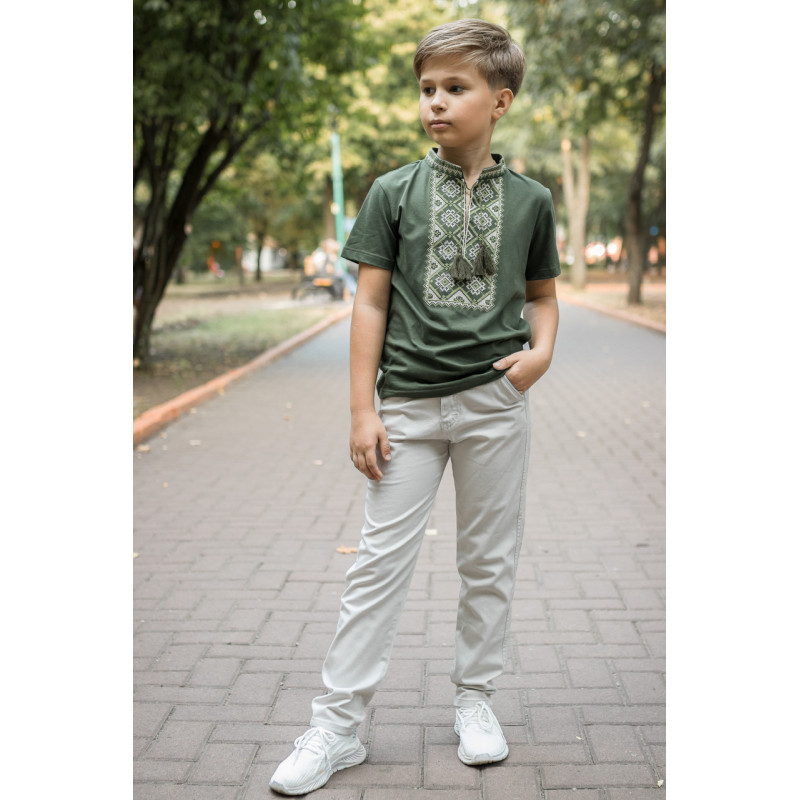 Вышиванка  Kosar для мальчика 2-16 лет с коротким рукавом , 164, Хаки