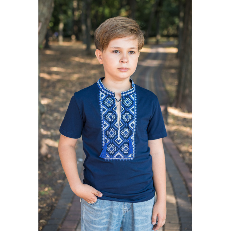 Вышиванка  Kosar для мальчика 2-16 лет с коротким рукавом,164, Белый с красным