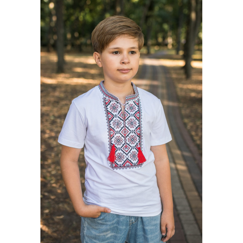 Вышиванка  Kosar для мальчика 2-16 лет с коротким рукавом,98, Черный с бирюзовым