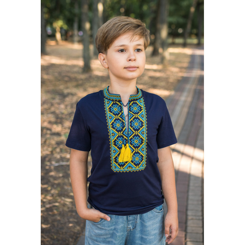 Вышиванка  Kosar для мальчика 2-16 лет с коротким рукавом, 140, Синий с белым