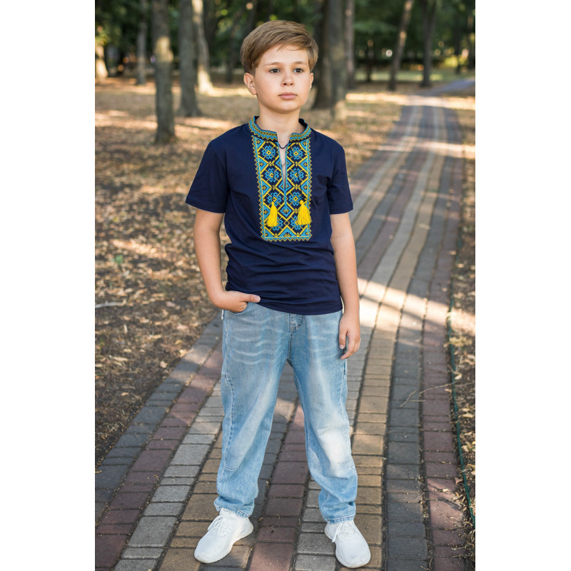 Вышиванка  Kosar для мальчика 2-16 лет с коротким рукавом , 134,Синий с желтым