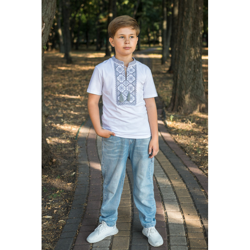 Вышиванка  Kosar для мальчика 2-16 лет с коротким рукавом , 122,Белый с серым