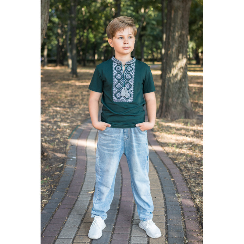 Вышиванка  Kosar для мальчика 2-16 лет с коротким рукавом , 146, Изумрудный