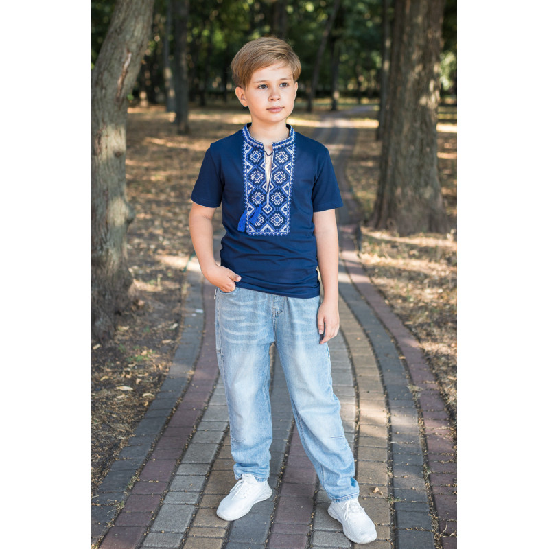 Вышиванка  Kosar для мальчика 2-16 лет с коротким рукавом, 140, Синий с белым