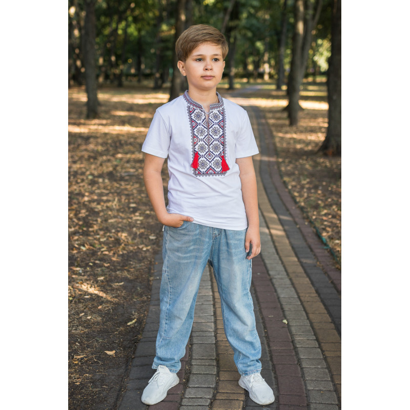 Вышиванка  Kosar для мальчика 2-16 лет с коротким рукавом,164, Белый с красным