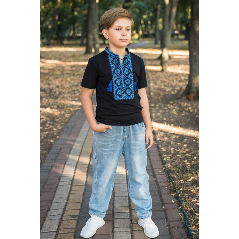 Вышиванка  Kosar для мальчика 2-16 лет с коротким рукавом,98, Черный с бирюзовым