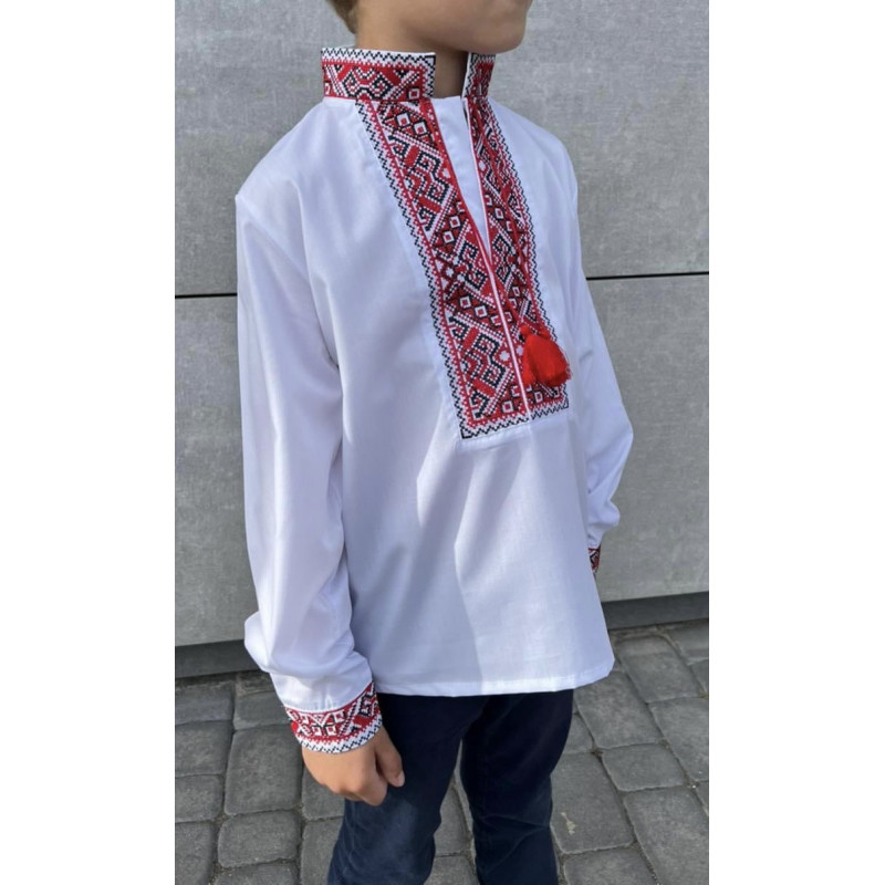 Вышитая рубашка для мальчика 5–12 лет, батист, белая, длинный рукав, натуральная вышивка ,152, Белый с красным