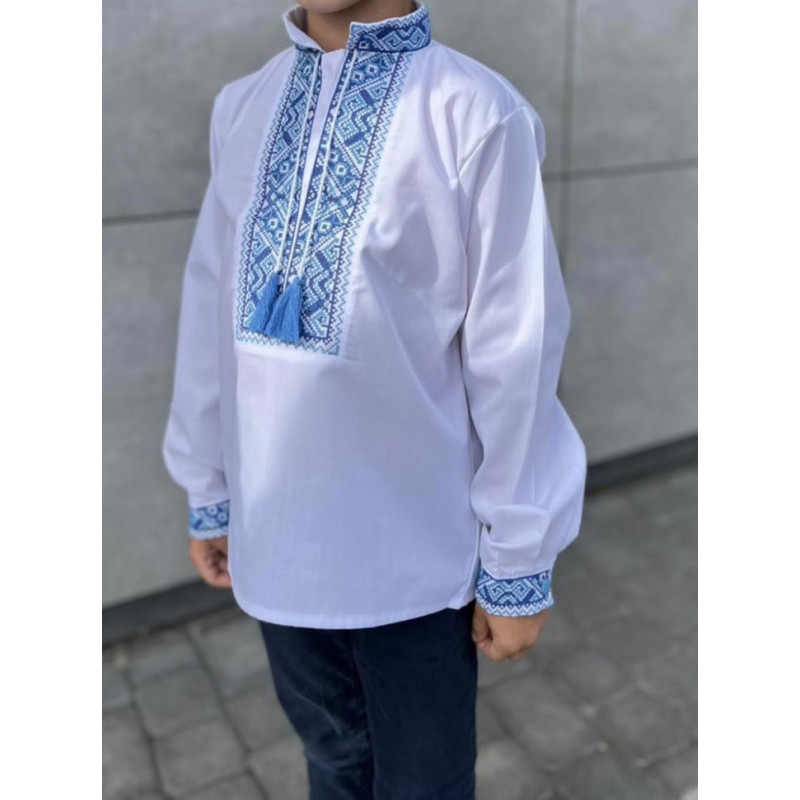 Вышитая рубашка для мальчика 5–12 лет, батист, белая, длинный рукав, натуральная вышивка ,140, Белый с синим