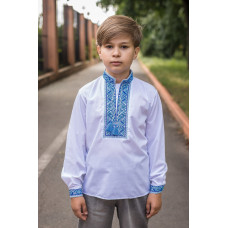 Вышитая рубашка для мальчика 5–12 лет, батист, белая, длинный рукав, натуральная вышивка ,140, Белый с синим