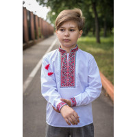 Вышитая рубашка для мальчика 5–12 лет, батист, белая, длинный рукав, натуральная вышивка ,152, Белый с красным