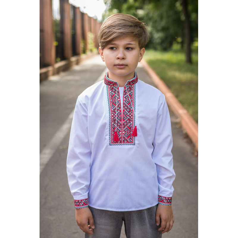 Вышитая рубашка для мальчика 5–12 лет, батист, белая, длинный рукав, натуральная вышивка ,152, Белый с красным