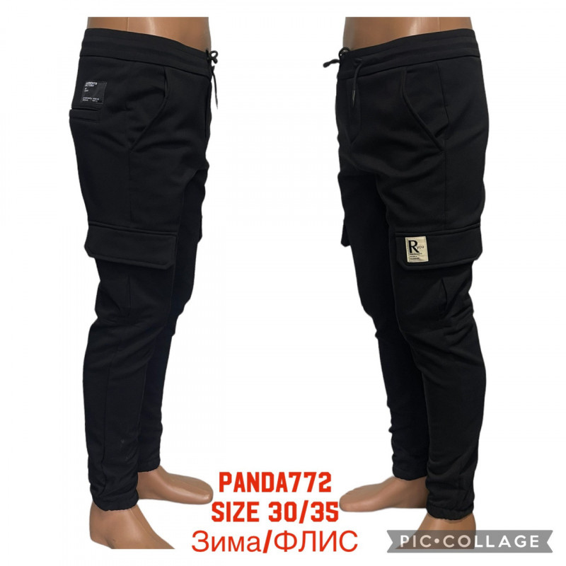 Джогеры Panda карго теплые мужские на флисе , 33, Чорний