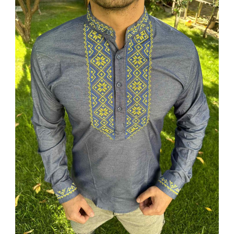 Вышитая мужская рубашка Varetti из хлопка — стильная приталенная вышиванка , Белый с синим,  XXXL