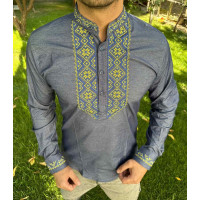 Вышитая мужская рубашка Varetti из хлопка — стильная приталенная вышиванка , Джинс,  L