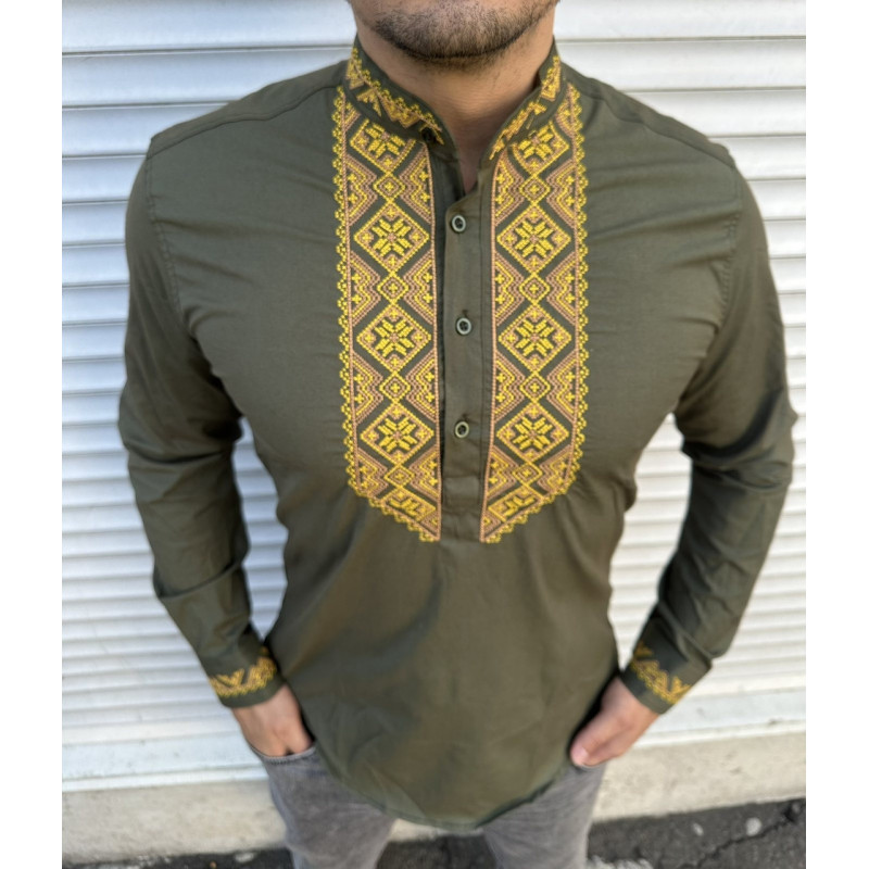 Вышитая мужская рубашка Varetti из хлопка — стильная приталенная вышиванка , Белый с синим,  XXL