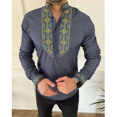 Вышитая мужская рубашка Varetti из хлопка — стильная приталенная вышиванка , Джинс,  S