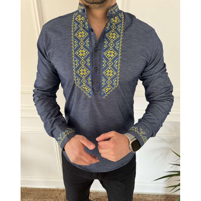 Вышитая мужская рубашка Varetti из хлопка — стильная приталенная вышиванка , Джинс,  L