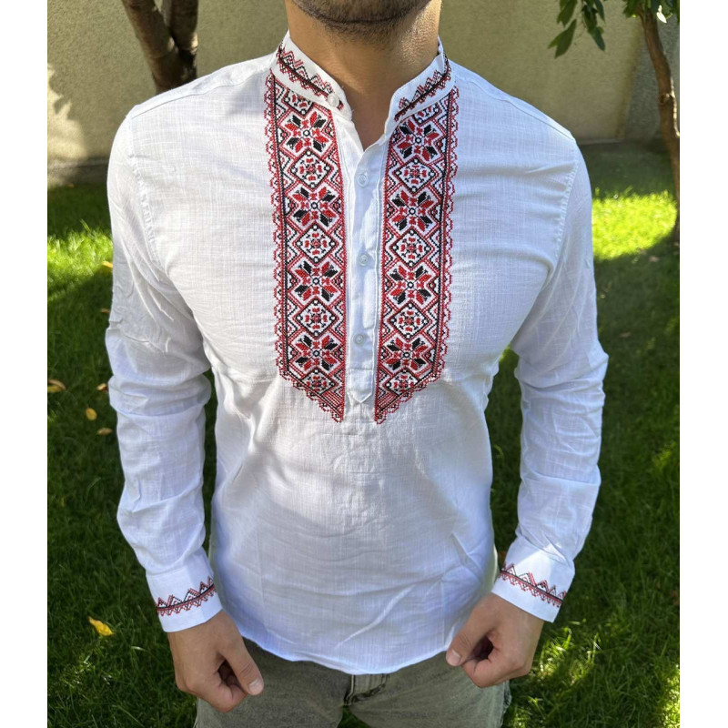 Вышитая мужская рубашка Varetti из хлопка — стильная приталенная вышиванка , Джинс,  XXXL