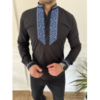 Вышитая мужская рубашка Varetti из хлопка — стильная приталенная вышиванка , Черный с синим,  L