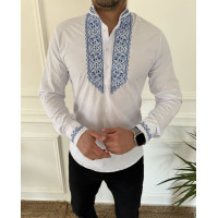 Вышитая мужская рубашка Varetti из хлопка — стильная приталенная вышиванка , Белый с синим,  XXXL