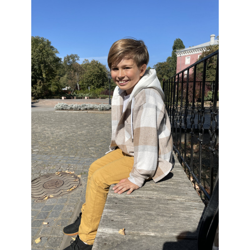 Рубашка в клетку оверсайз с капюшоном для мальчика 5-9 лет, кашемир, Турция,116, Коричневый