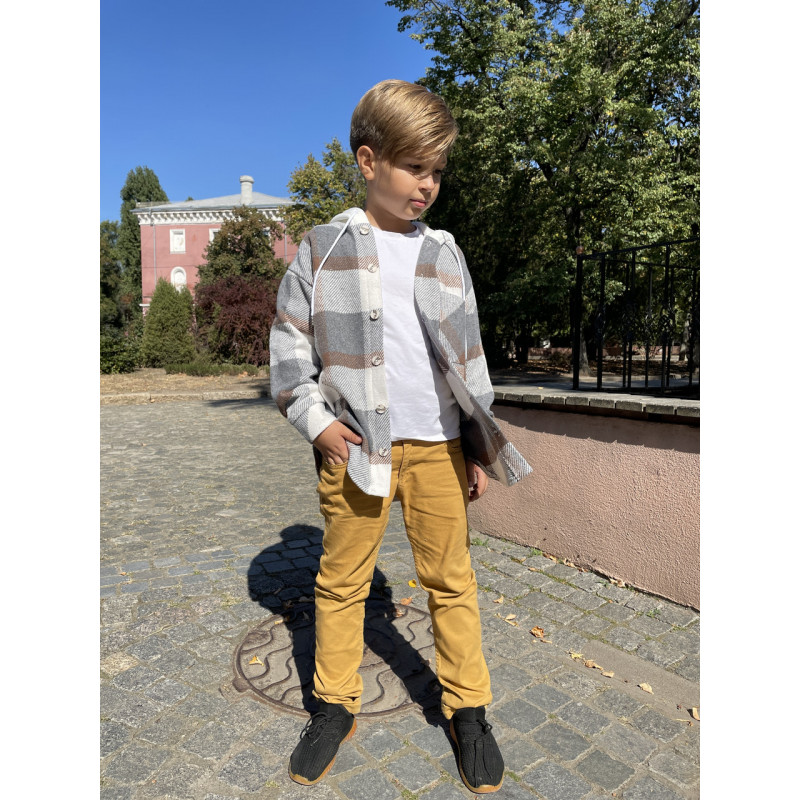 Рубашка в клетку оверсайз с капюшоном для мальчика 5-9 лет, кашемир, Турция,116, Коричневый