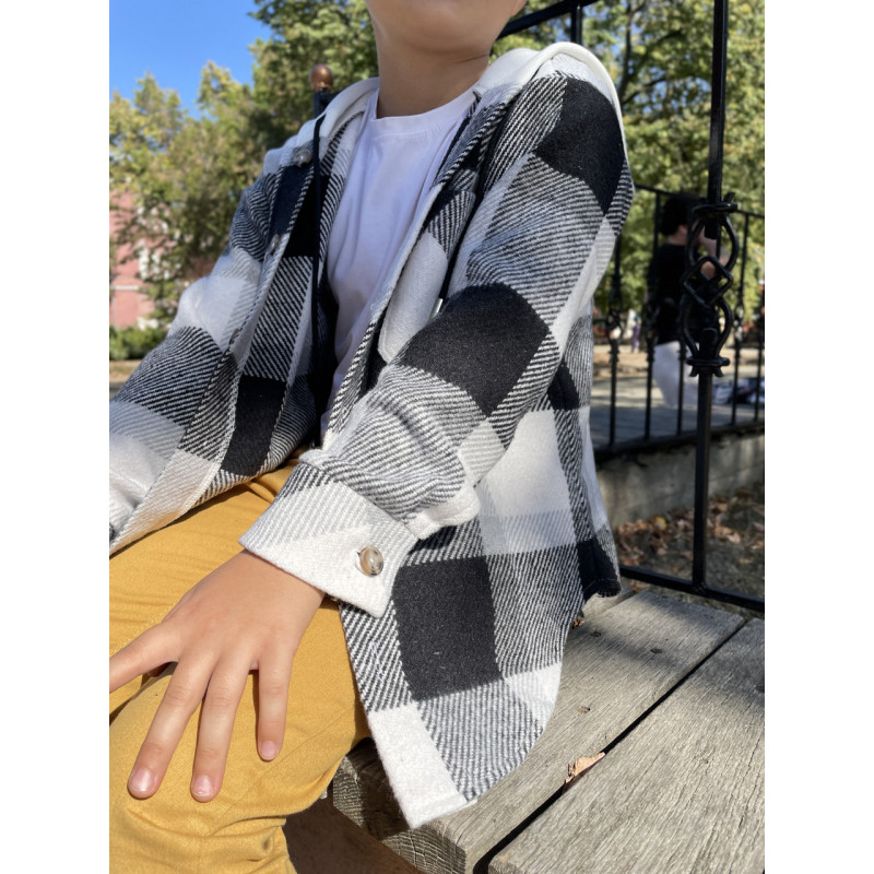 Рубашка в клетку оверсайз с капюшоном для мальчика 5-9 лет, кашемир, Турция,Бежевый, 110