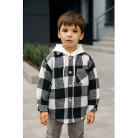 Рубашка в клетку оверсайз с капюшоном для мальчика 5-9 лет, кашемир, Турция,Белый, 110