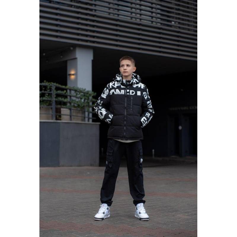 Куртка зимняя Bihor для мальчика 9-16 лет , Черный с белым, 164