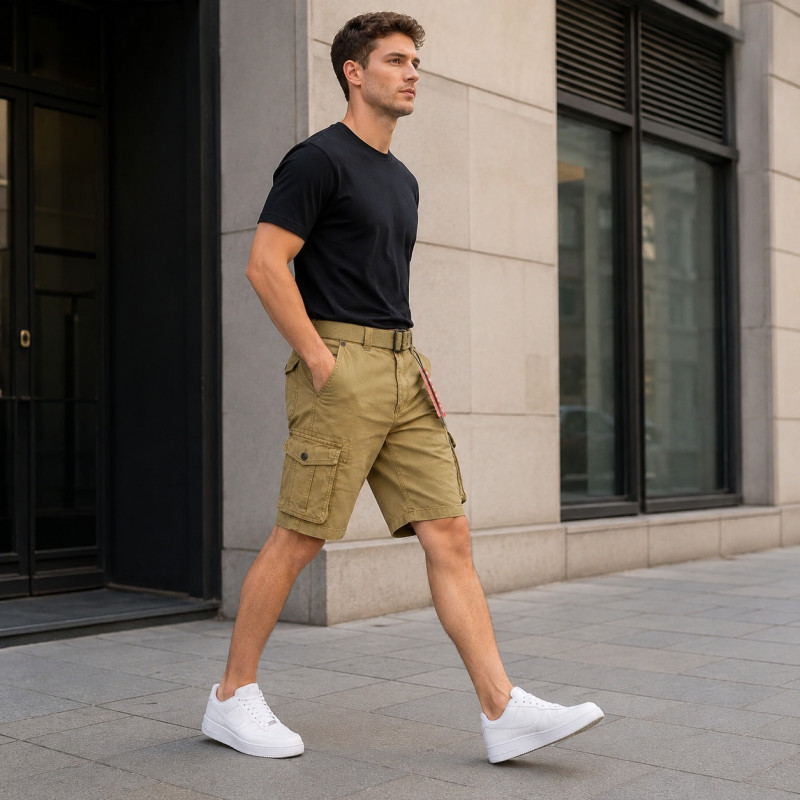 Мужские шорты карго ITENO летние, с ремнём, хлопок, накладные карманы , 33, Мокко