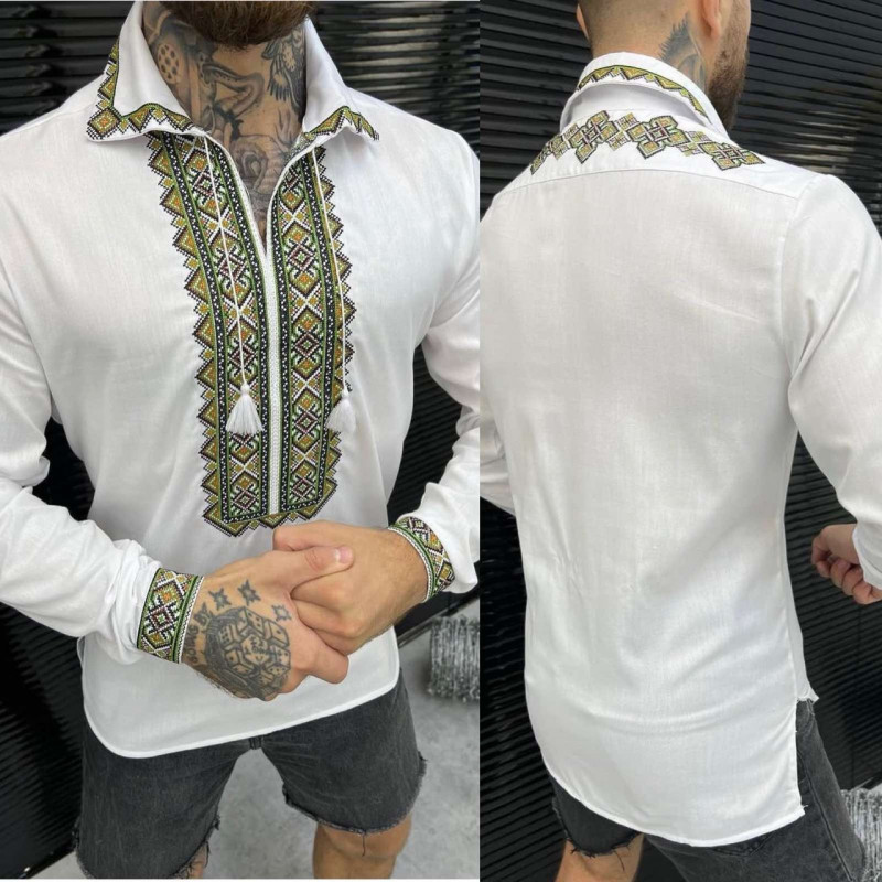 Вышиванка мужская льняная Varetti с отложным воротником , Белый с красным,  L