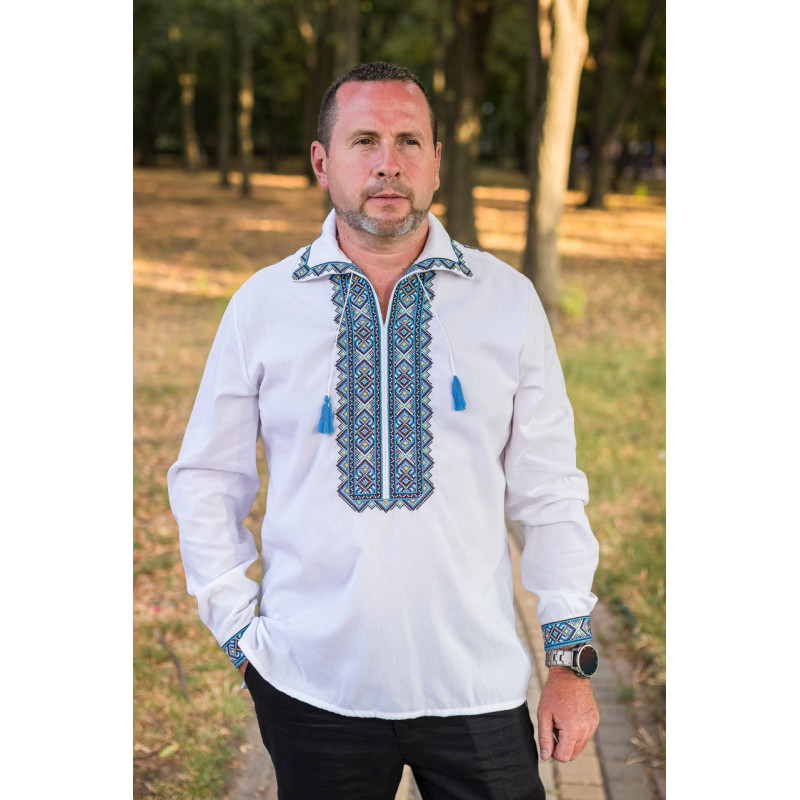 Вышиванка мужская льняная Varetti с отложным воротником ,Белый с синим, 4XL