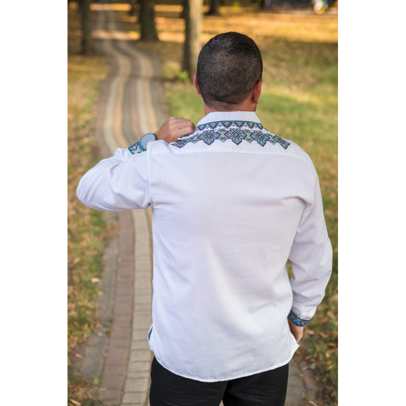 Вышиванка мужская льняная Varetti с отложным воротником , Белый с синим,  5XL