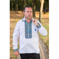 Вышиванка мужская льняная Varetti с отложным воротником ,Белый с синим, 4XL