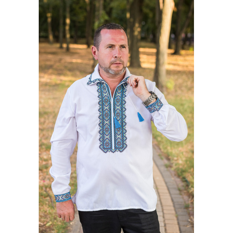 Вышиванка мужская льняная Varetti с отложным воротником , Белый с синим,  6XL