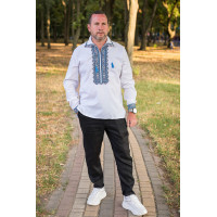 Вышиванка мужская льняная Varetti с отложным воротником ,Белый с синим, L