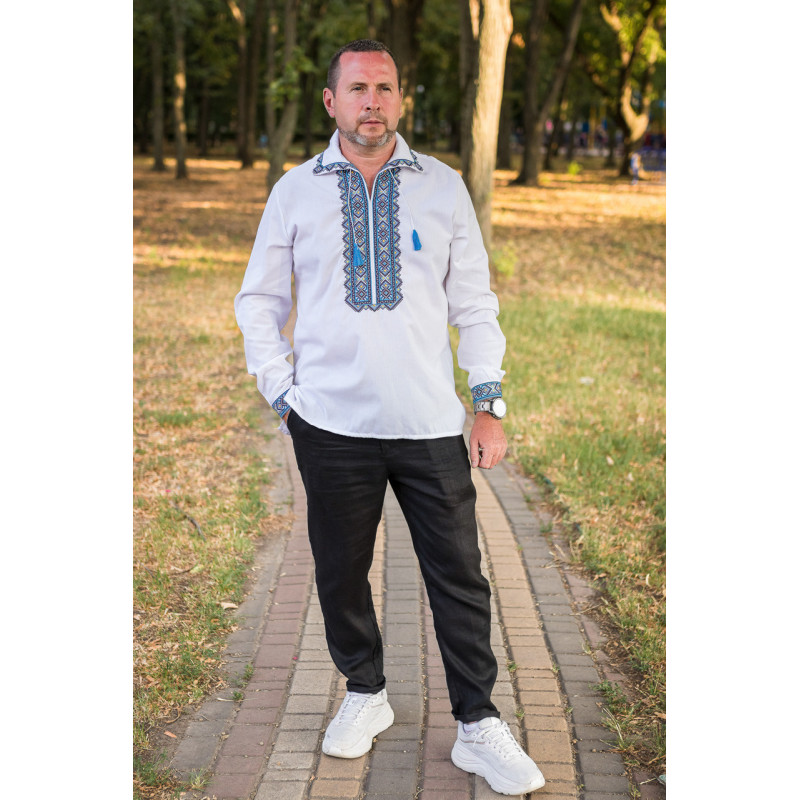 Вышиванка мужская льняная Varetti с отложным воротником , Белый с синим,  6XL