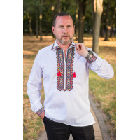 Вышиванка мужская льняная Varetti с отложным воротником , Белый с красным,  7XL