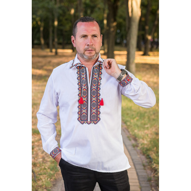 Вышиванка мужская льняная Varetti с отложным воротником , Белый с красным,  L