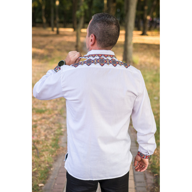 Вышиванка мужская льняная Varetti с отложным воротником , Белый с красным,  7XL