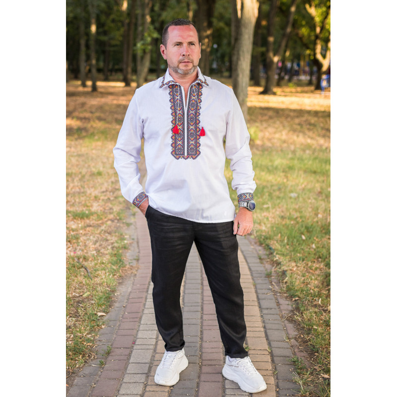 Вышиванка мужская льняная Varetti с отложным воротником , Белый с красным,  7XL