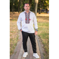 Вышиванка мужская льняная Varetti с отложным воротником , Белый с красным,  5XL