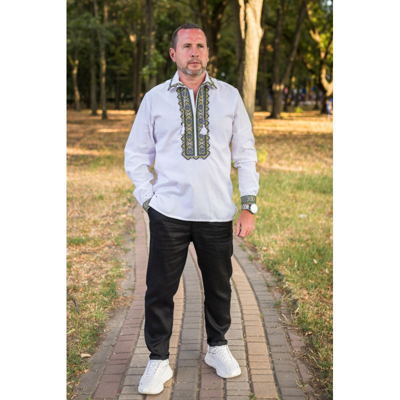 Вышиванка мужская льняная Varetti с отложным воротником , Белый с зеленным,  XXL