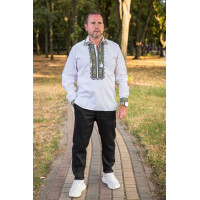 Вышиванка мужская льняная Varetti с отложным воротником , Белый с зеленным,  5XL