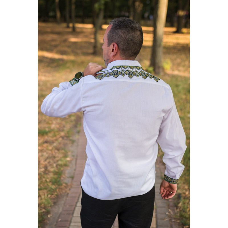Вышиванка мужская льняная Varetti с отложным воротником , Белый с зеленным,  4XL