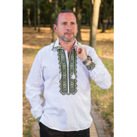 Вышиванка мужская льняная Varetti с отложным воротником , Белый с зеленным,  6XL