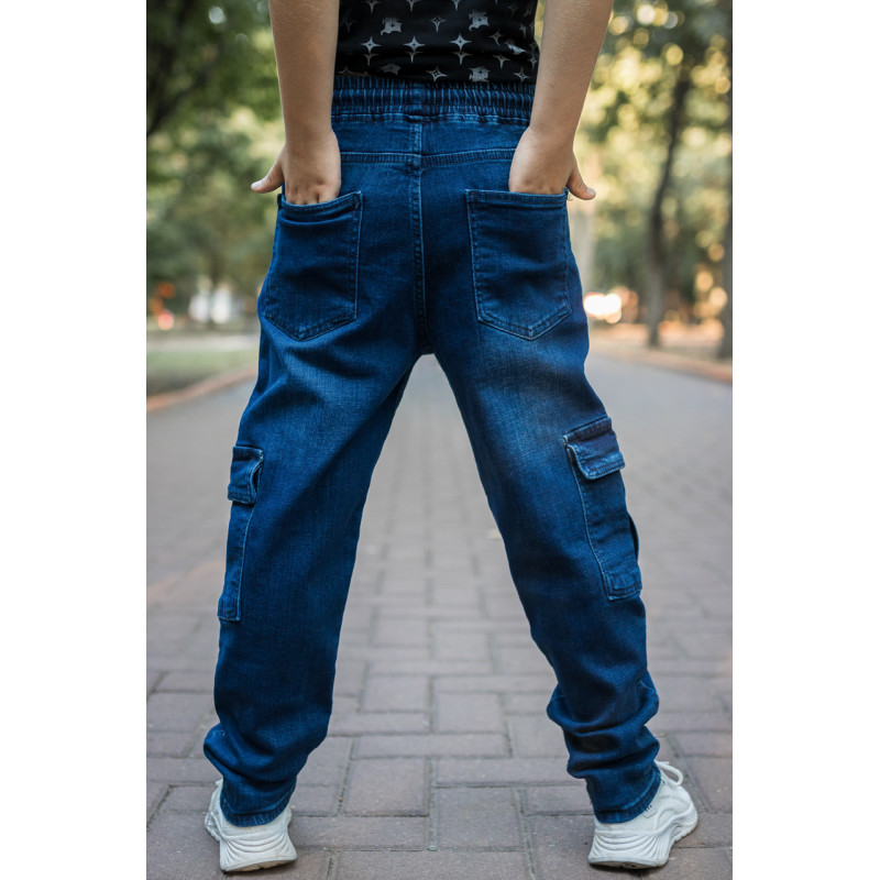 Джинсы карго Altun мом для мальчика 10-16 лет  с резинкой на поясе , Синий 152