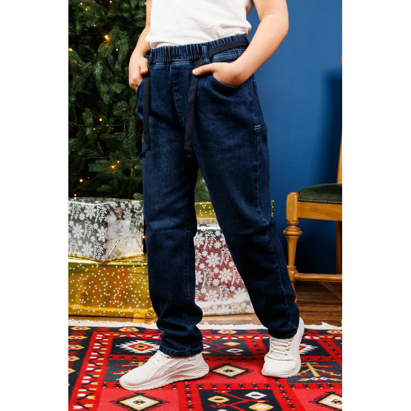 Джинсы Altun мом для мальчика 10-16 лет флис теплые с резинкой на поясе , Темно-синий 146