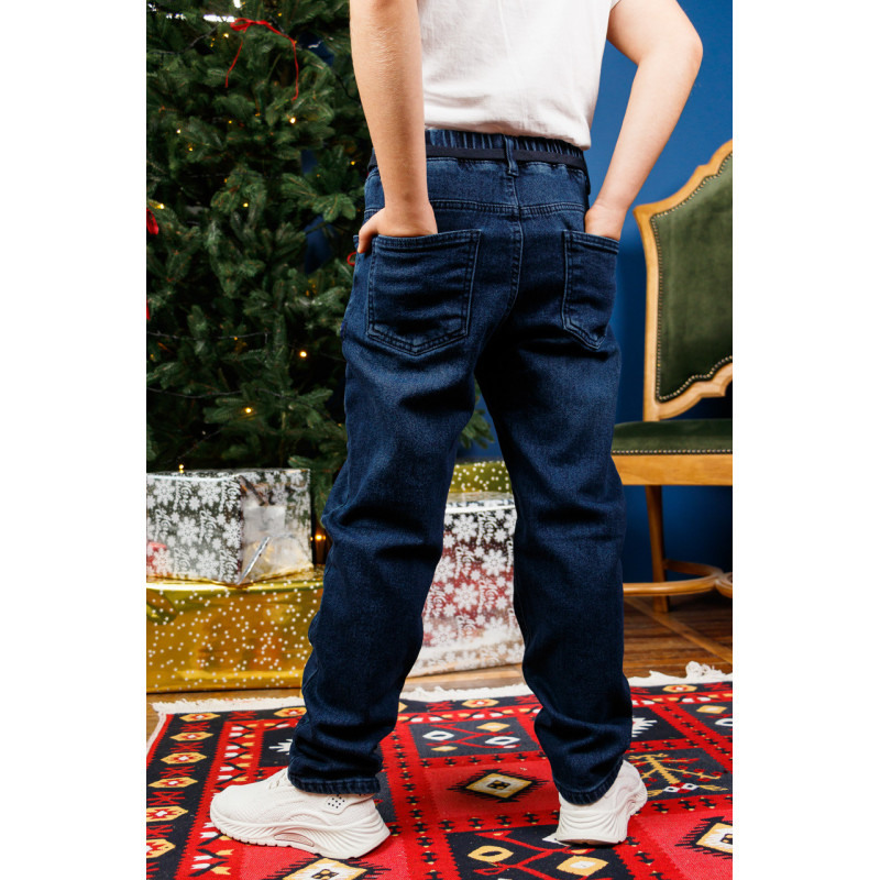 Джинсы Altun мом для мальчика 10-16 лет флис теплые с резинкой на поясе , Темно-синий 146