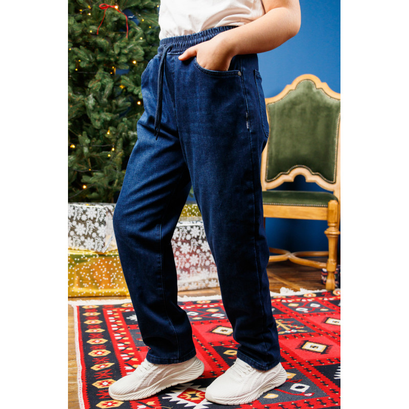 Джинсы Altun мом для мальчика 10-16 лет флис теплые с резинкой на поясе , Синий 146